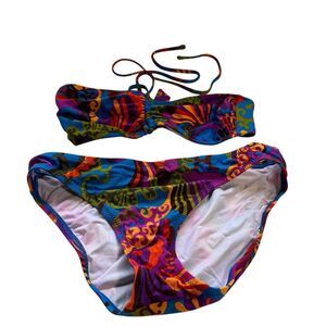 Trina Turk Floral Print Halter Bandeau Med Side Bottom Small Swim Bikini
